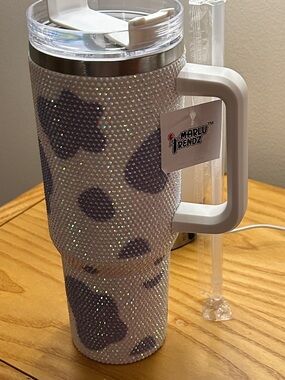 White and Purple Rhinestone Travel Mug with Handle 40 oz. New in box